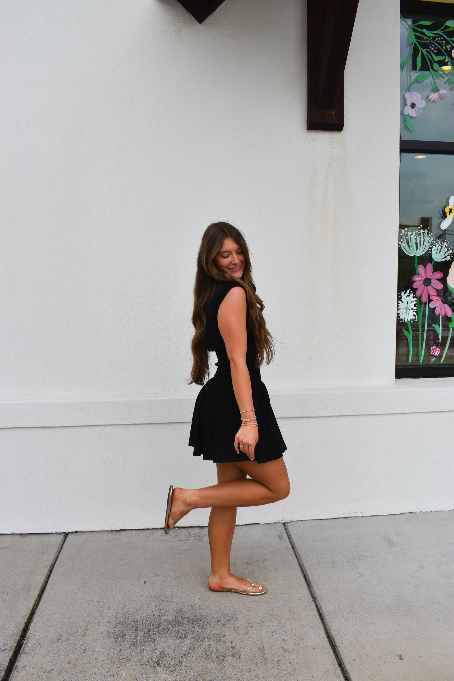 Off Shoulder Smocked Waist Dress: Black