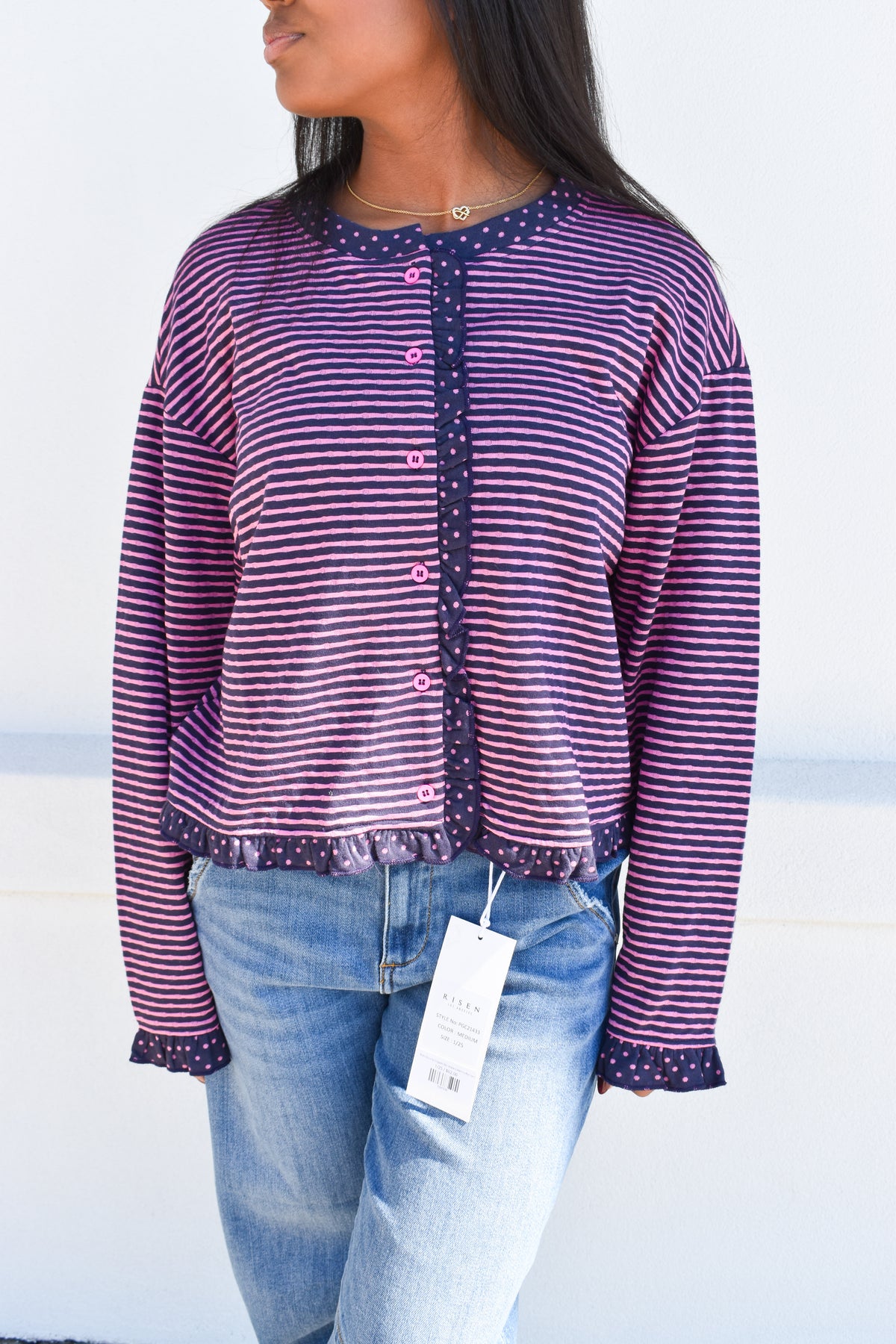 Polka Dot Trim Stripe Button-Up Cardigan