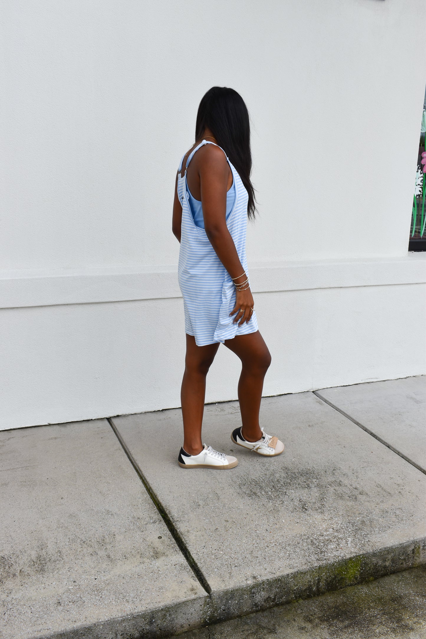 Striped Romper Dress W/ Built In Romper: Blue