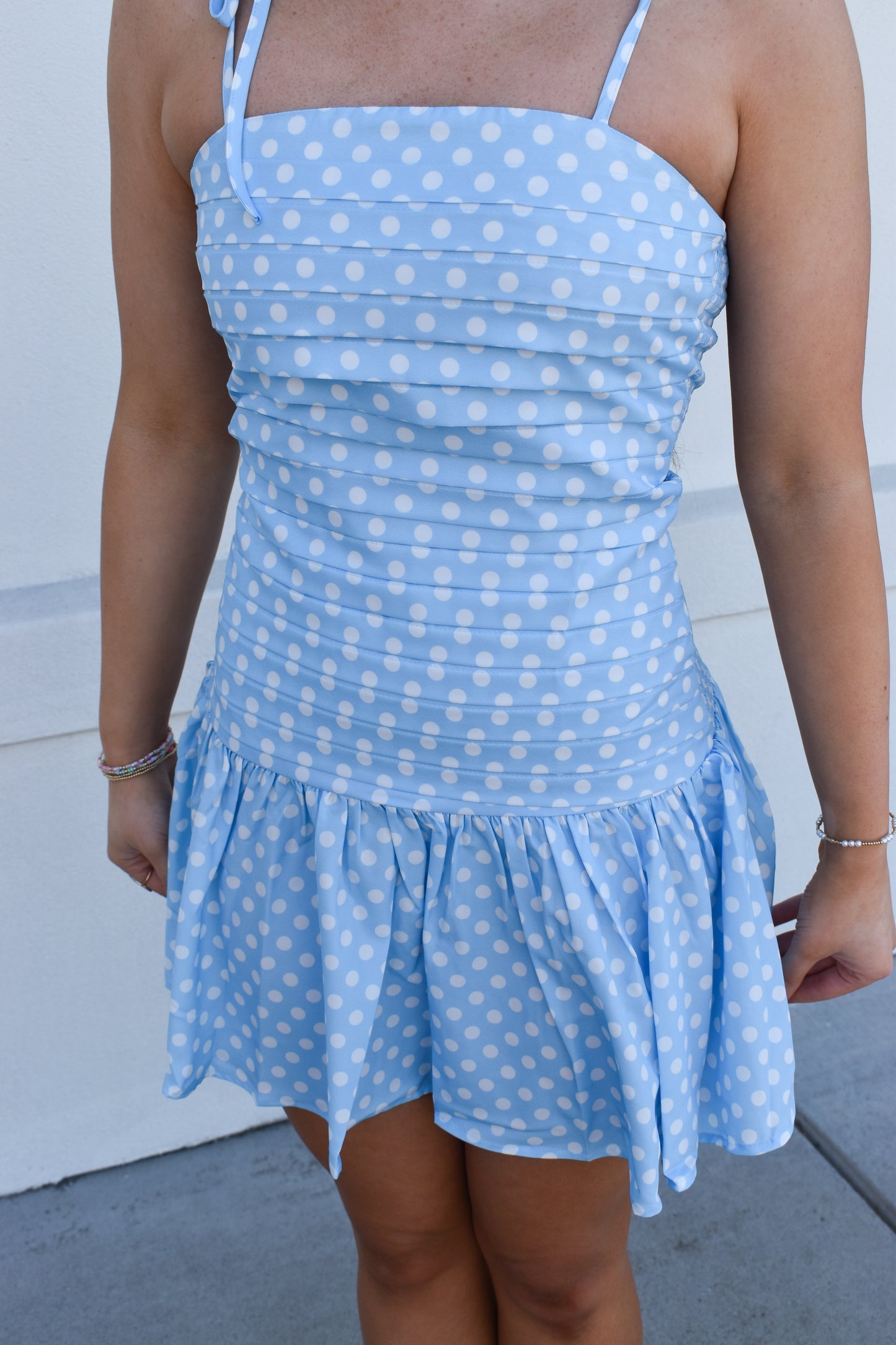 Blue Polka Dot Pleated Mini Dress
