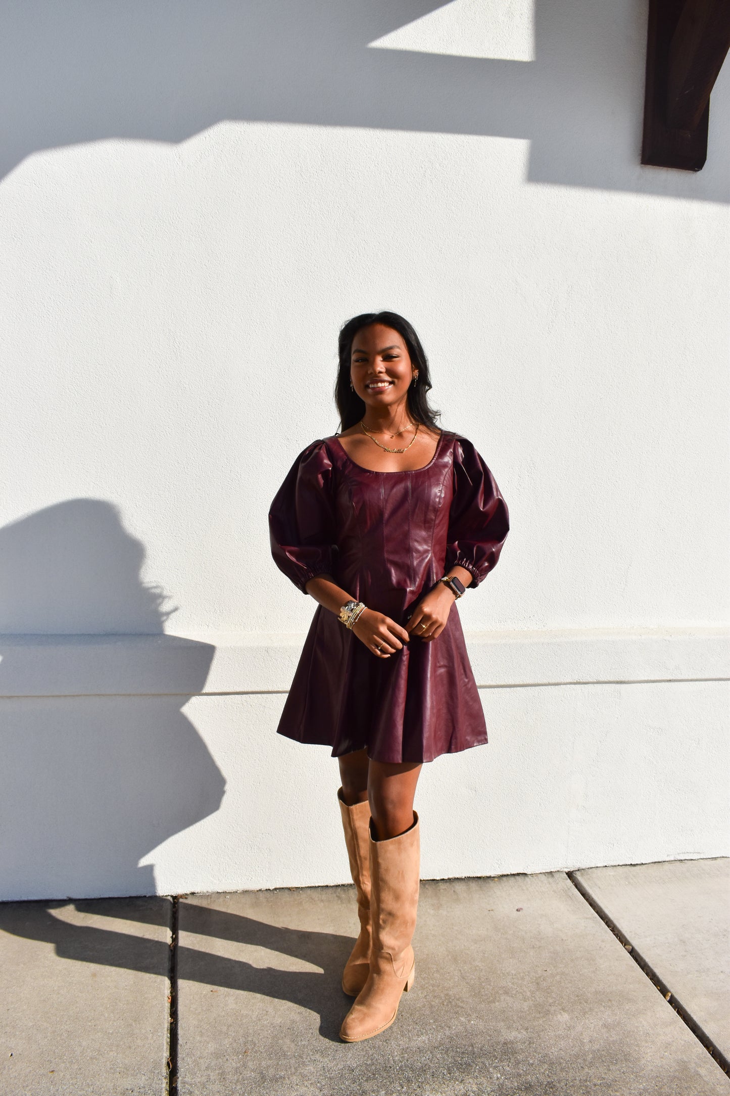 Red Leather Puff Sleeve Dress