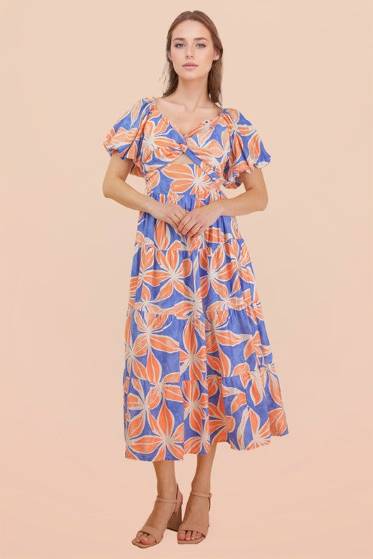 Blue/Orange Floral Maxi Dress