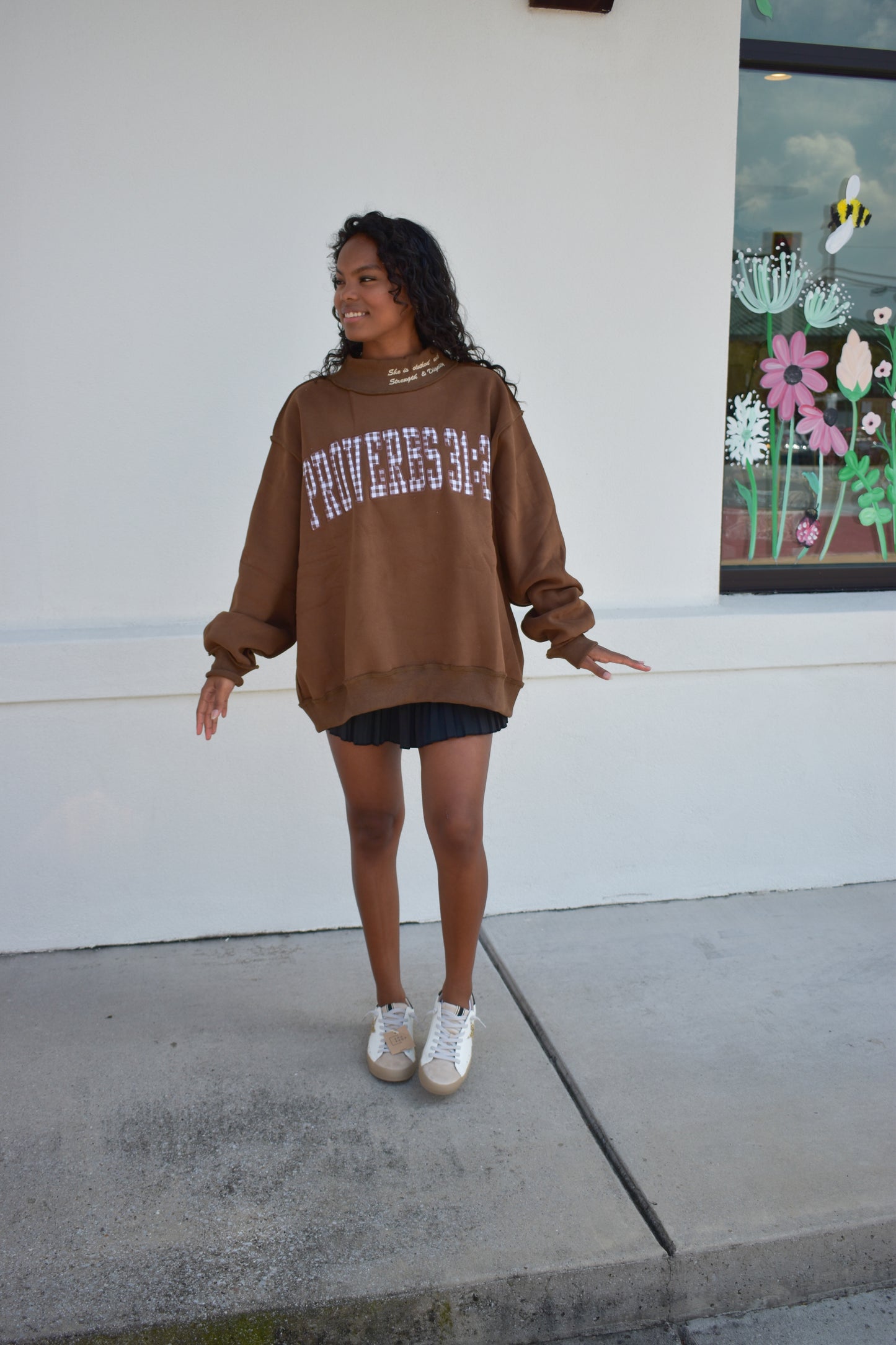 'PROVERBS 31:25' Script Collar Mockneck: Brown