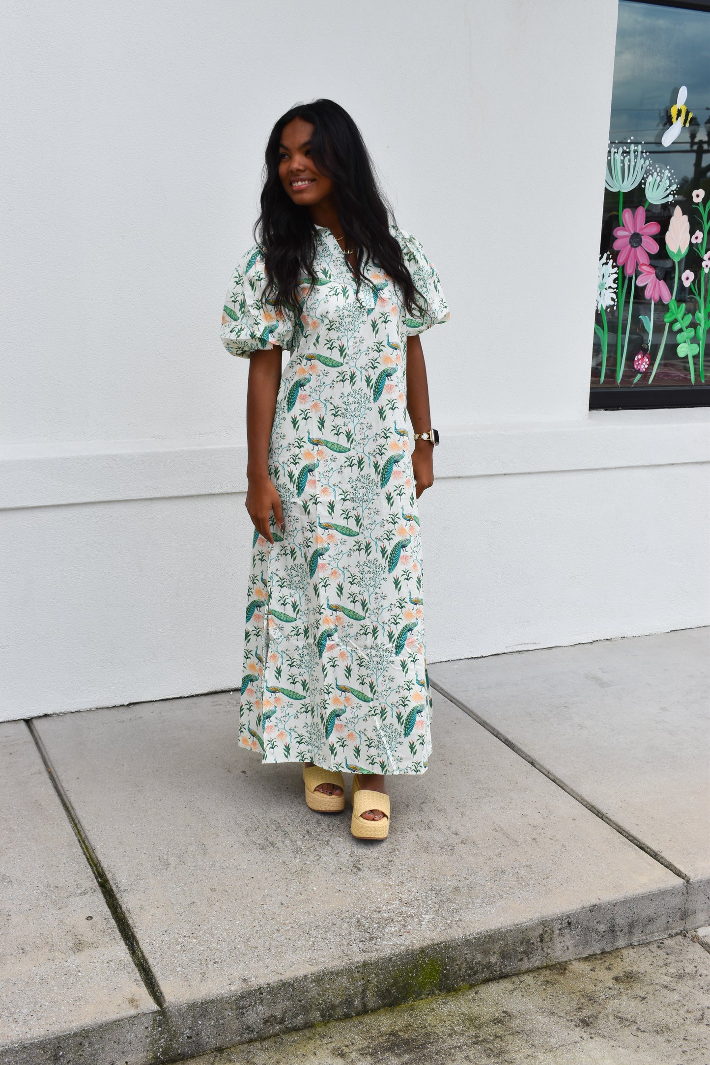 Peacock Print Puff Sleeve Midi Dress