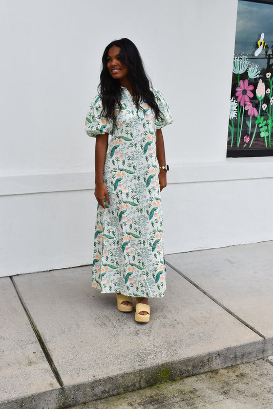Peacock Print Puff Sleeve Midi Dress