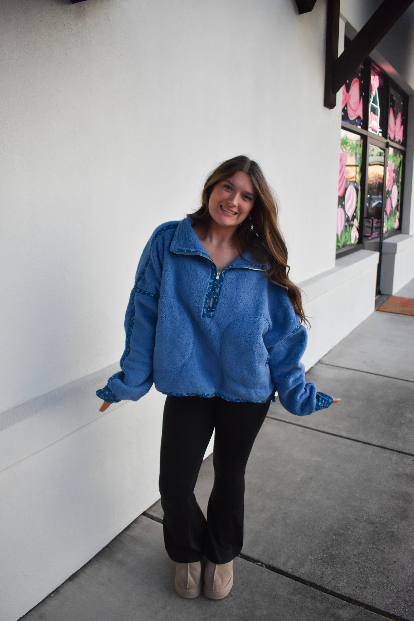 Floral Piping Detail Sherpa Jacket