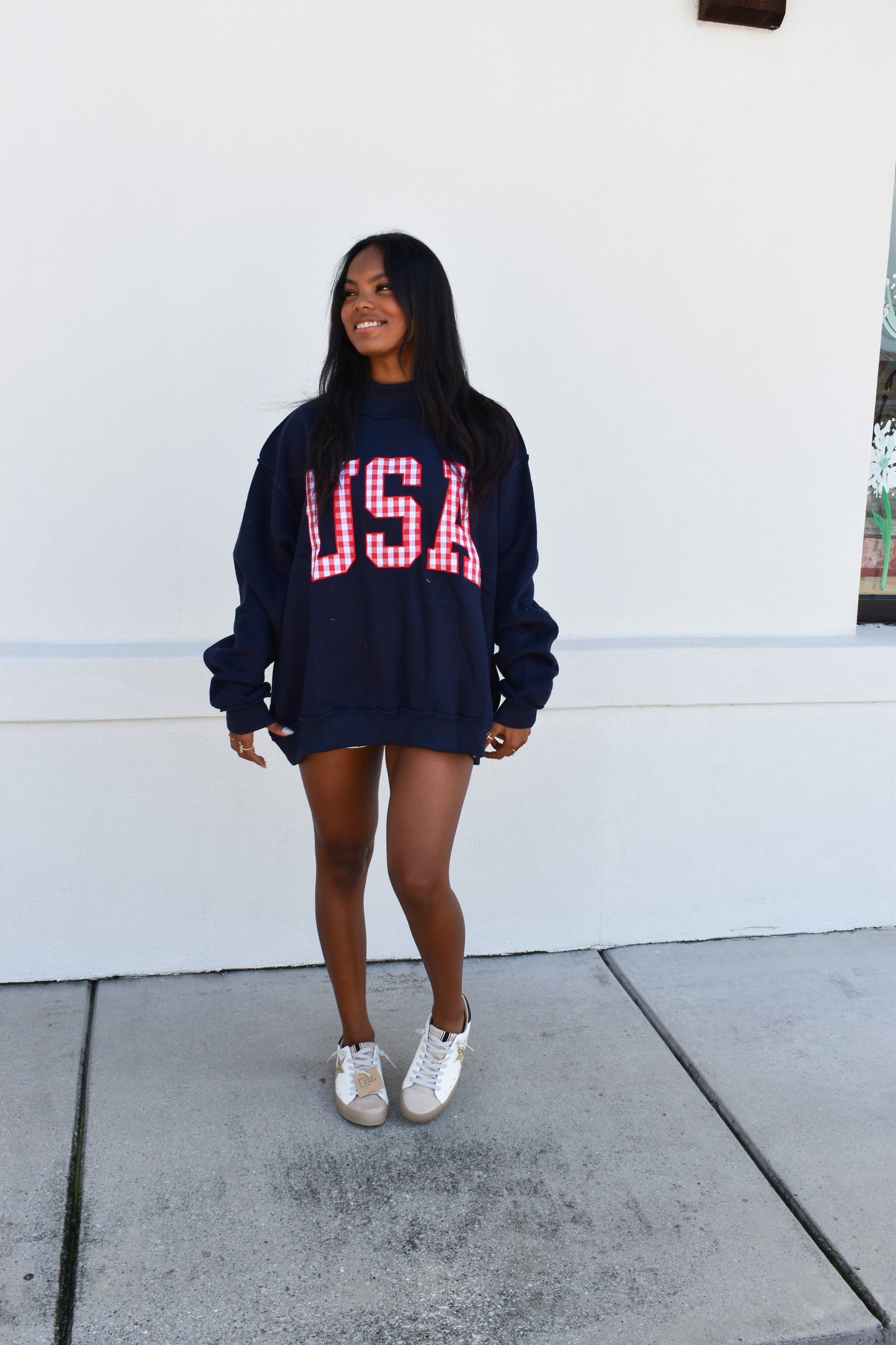 Gingham Embroidery "USA" Mock Neck Sweatshirt