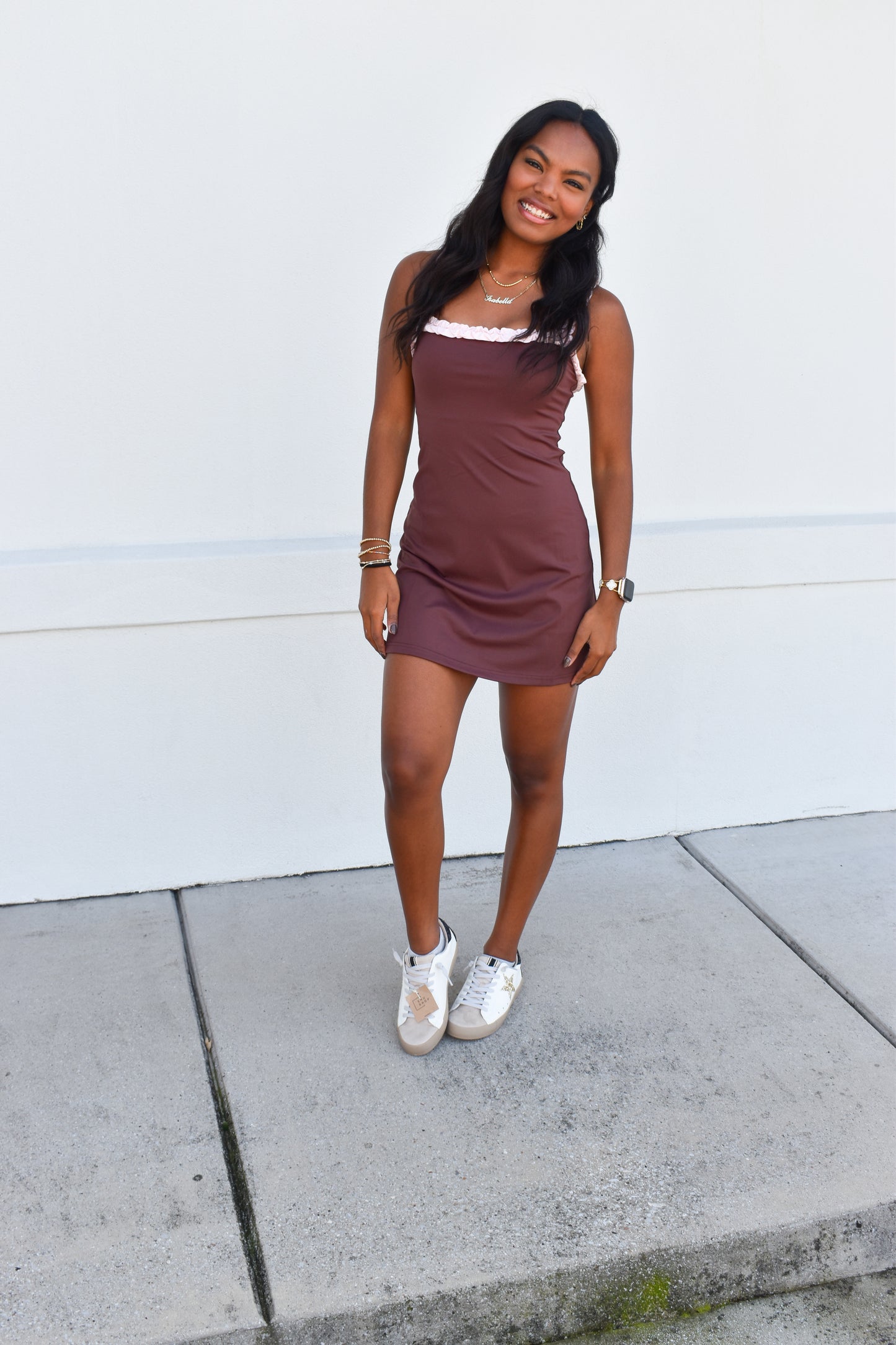 Chocolate W/ Pink Ruffle Detail Athletic Dress