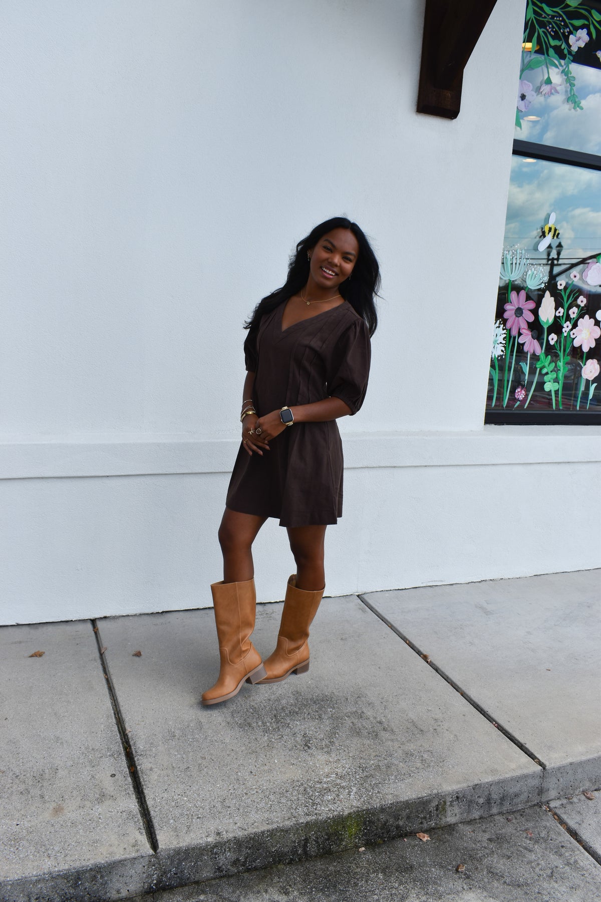 Puff Sleeve V Neck Mini Dress