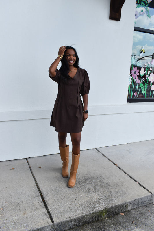Puff Sleeve V Neck Mini Dress