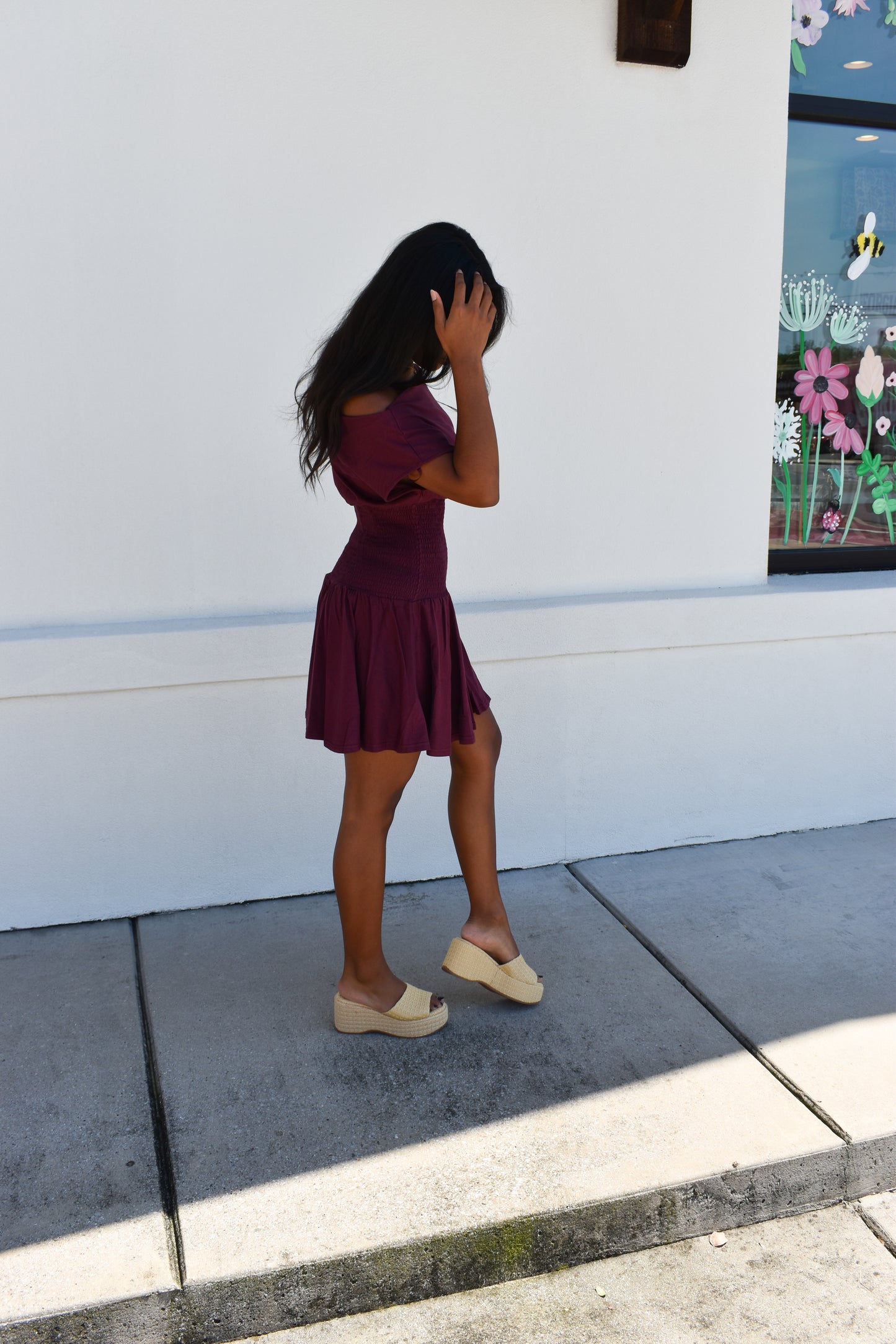Off Shoulder Smocked Waist Dress: Wine