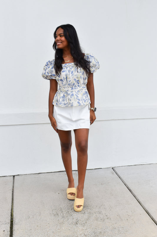 Soft Garden Leaf Print Bubble Sleeved Peplum Blouse