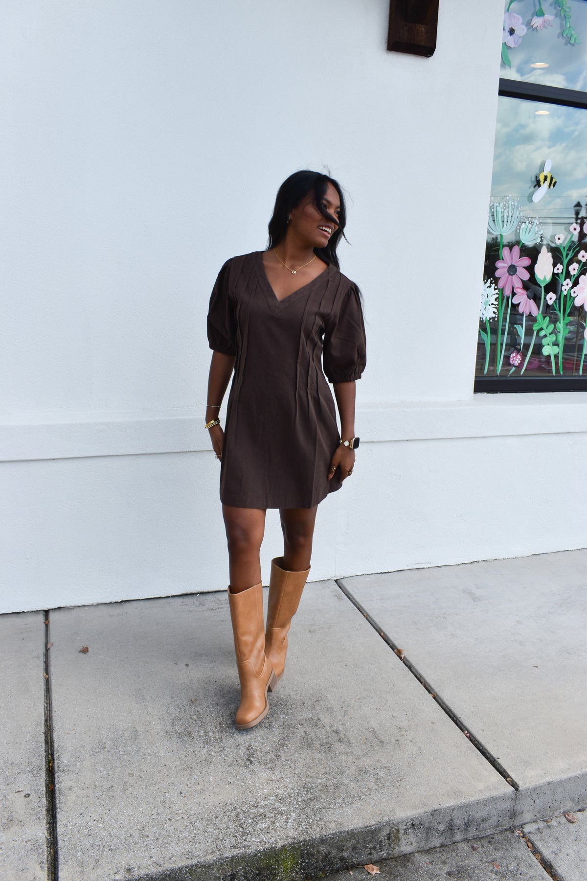 Puff Sleeve V Neck Mini Dress