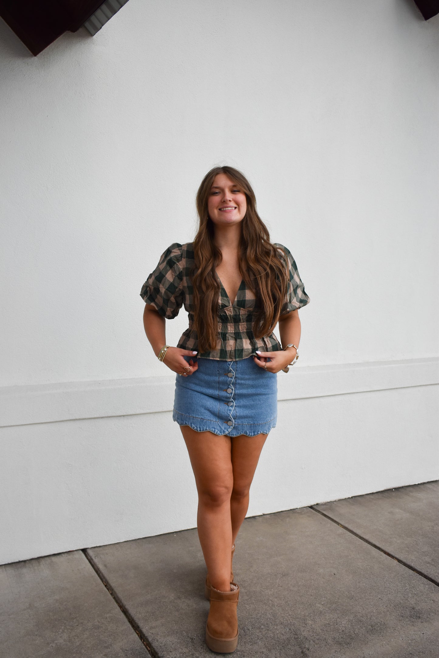 Gingham Bubble V Neck Top