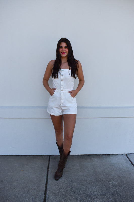Megan White Strapless Denim Romper