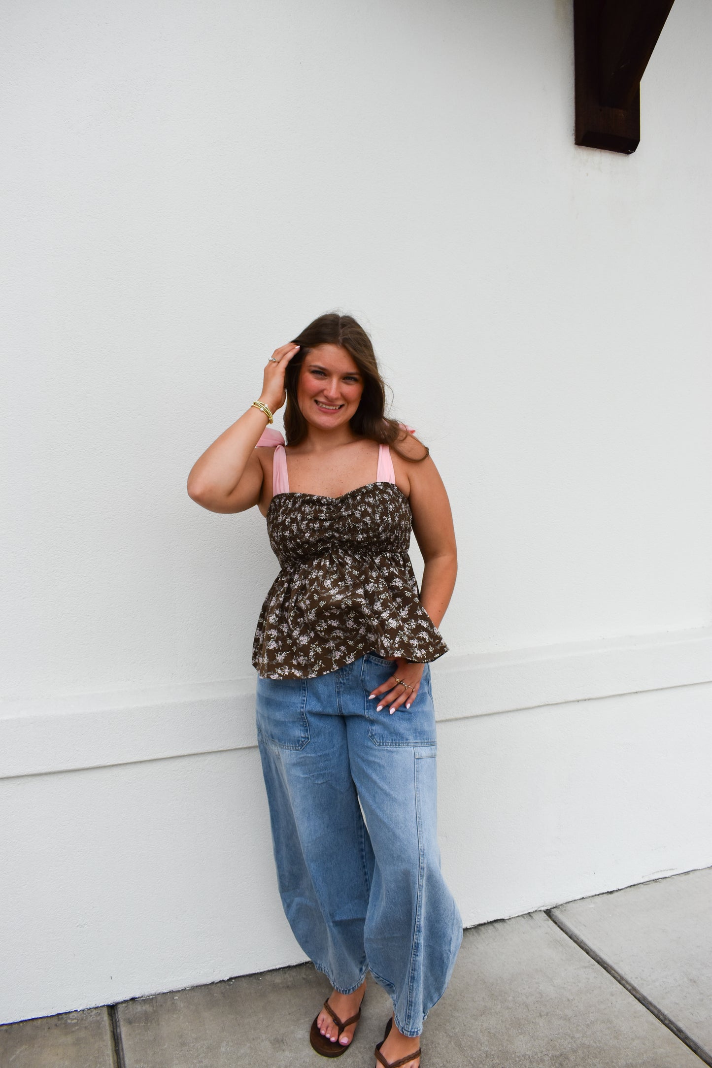 Romantic Floral Top w/ Pink Bow Straps