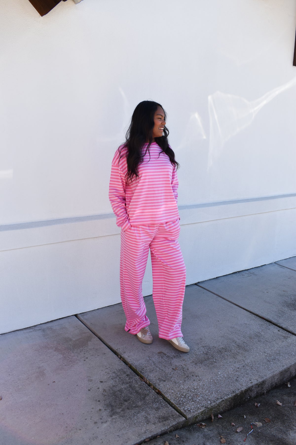 Hot Pink Striped Loungewear Long Sleeve Top