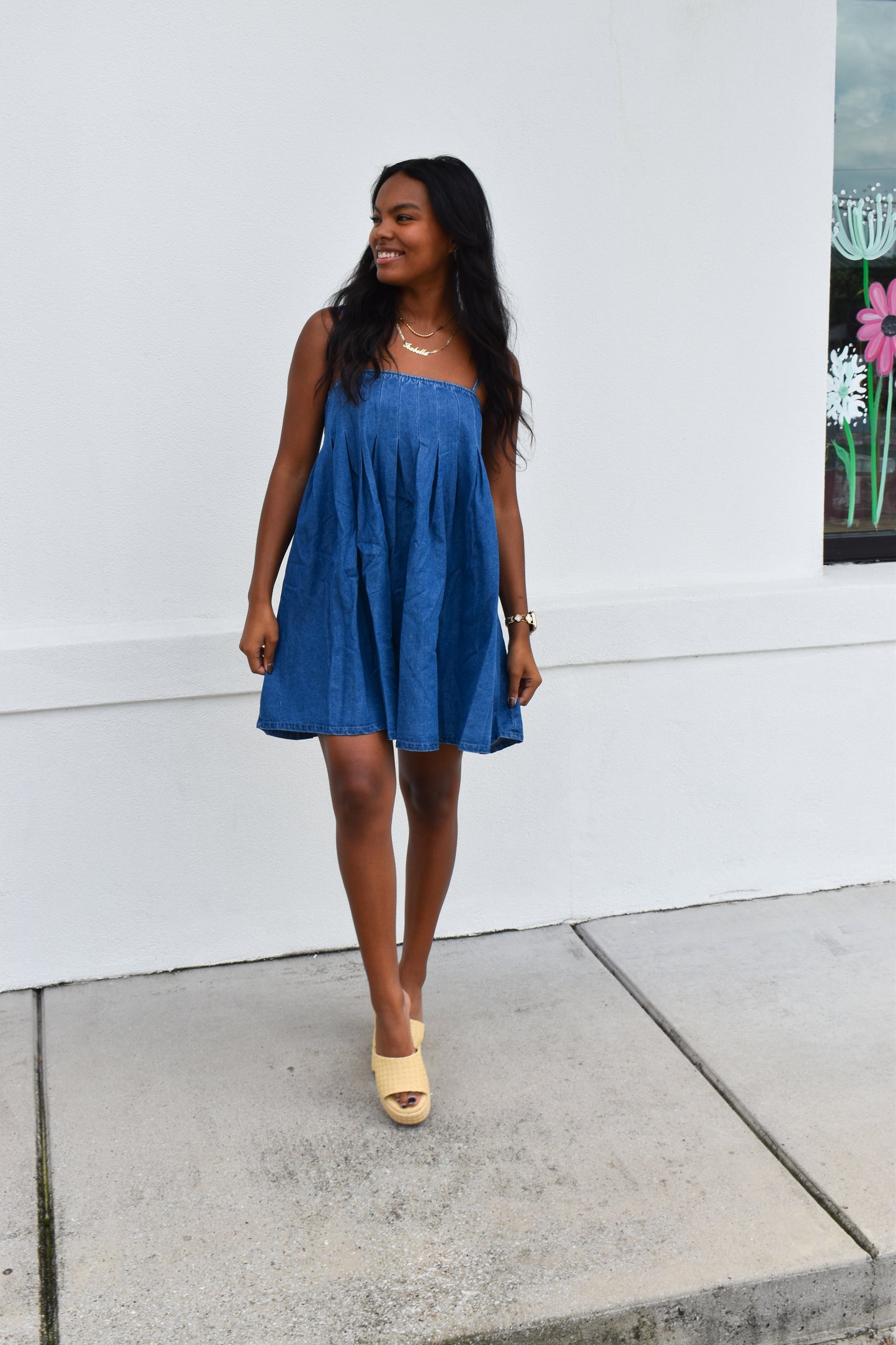 Denim Pleated Babydoll Dress