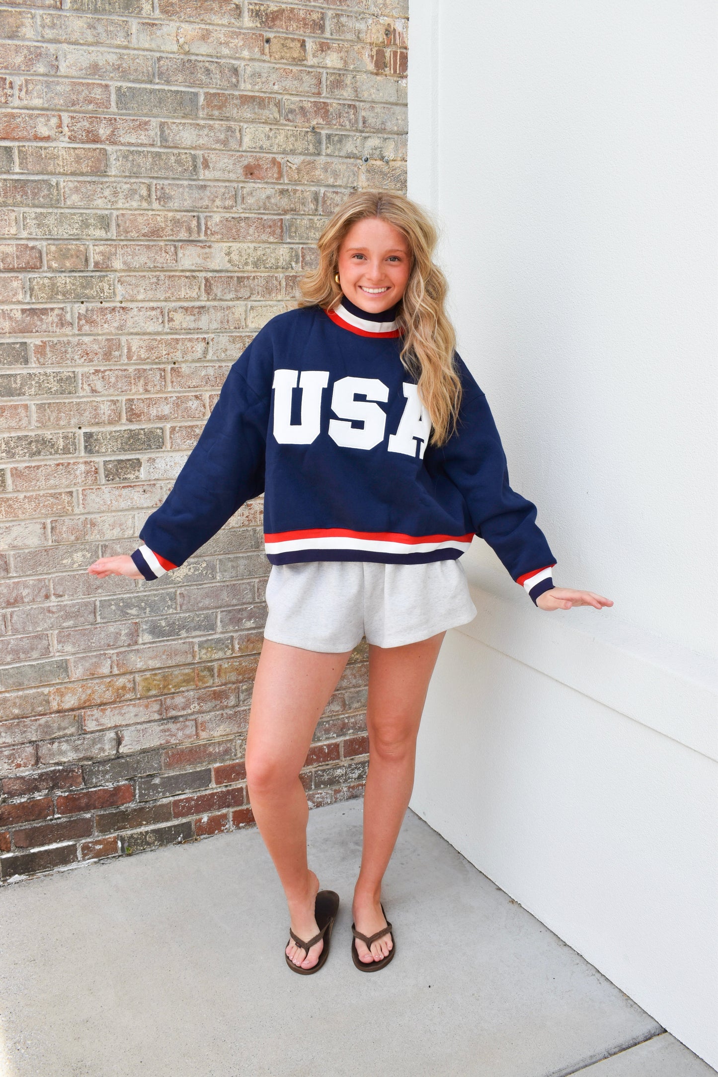 USA Letter Print Contrast Trim Mockneck