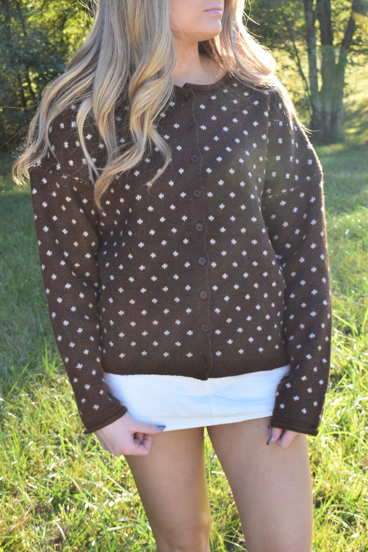 Sweet Dot Knit Cardigan: Brown