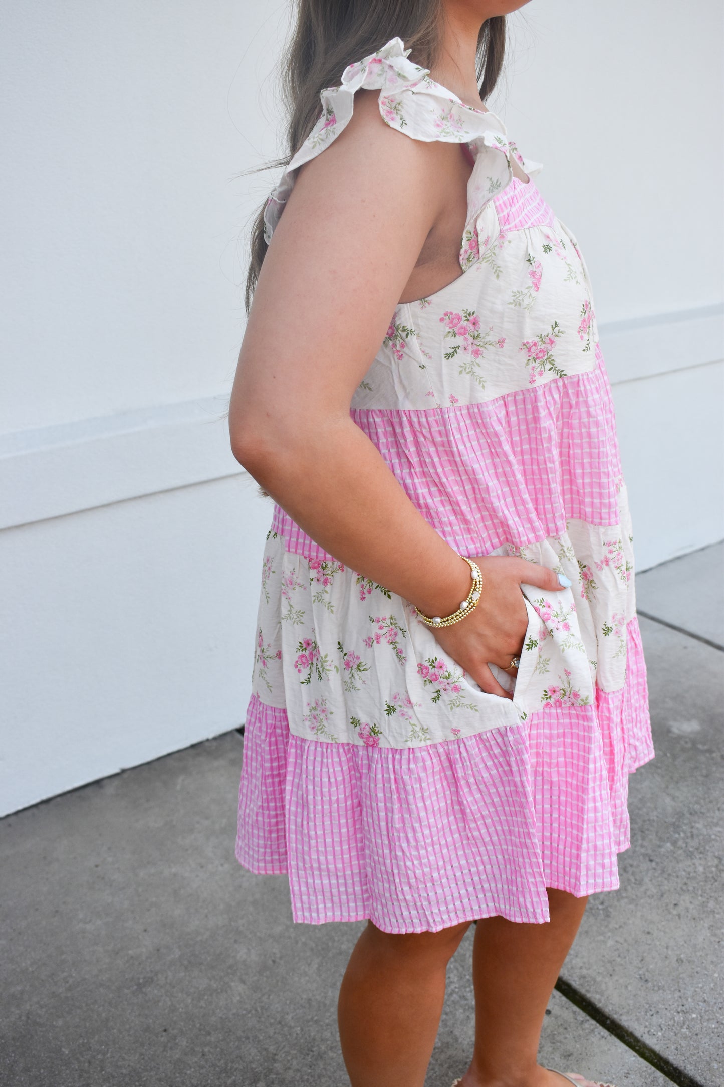 Mini Dress W/ Mixed Floral Print and Pink Gingham