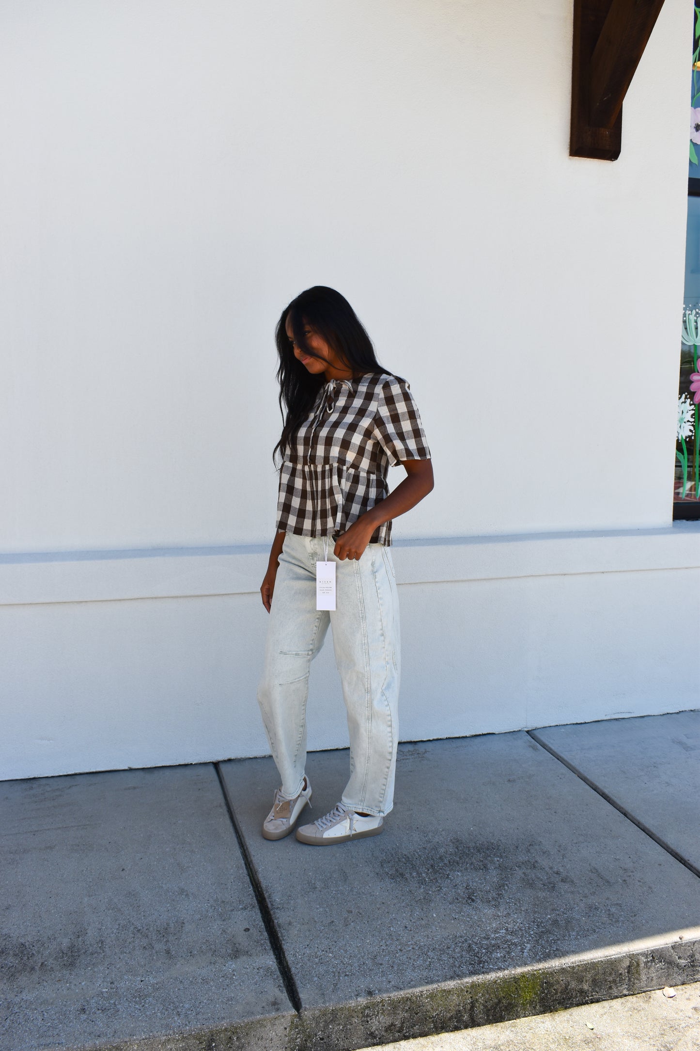 Keyhole Tie-Neck Gingham Peplum Blouse