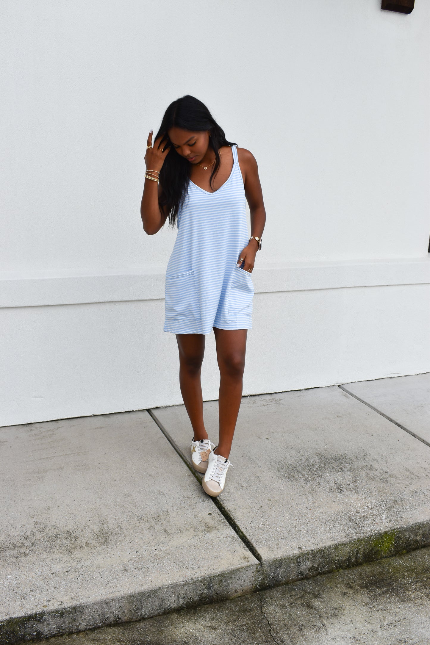 Striped Romper Dress W/ Built In Romper: Blue