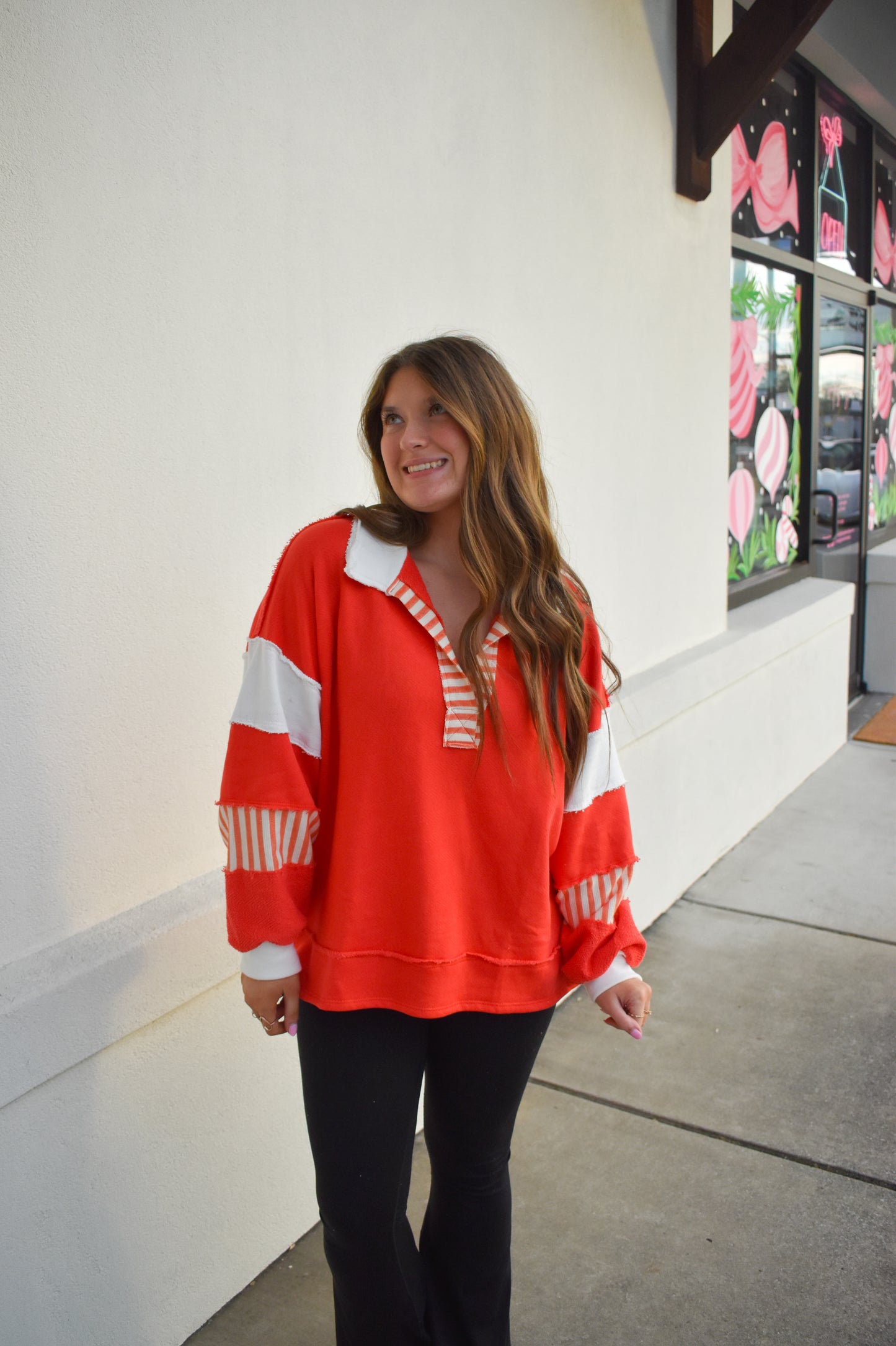 Terry Knit Collared Top: Red/Cream