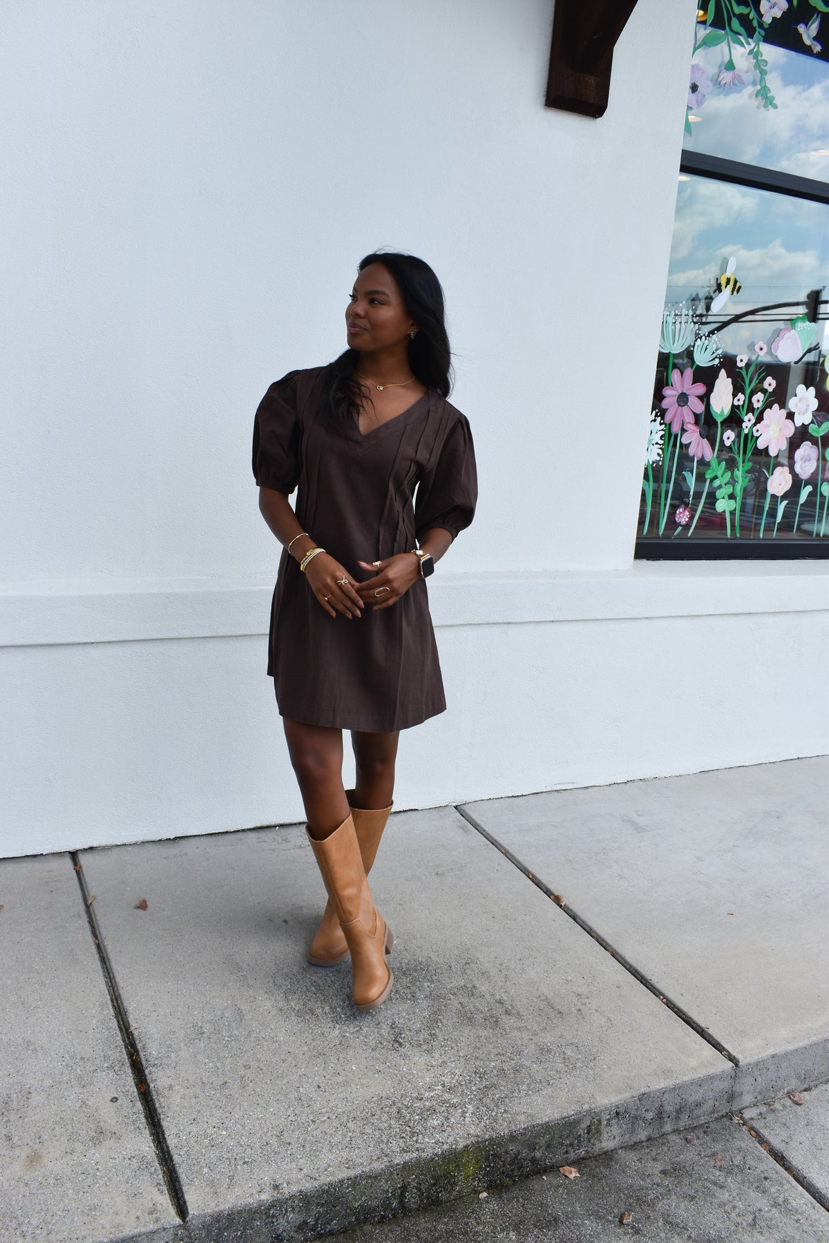 Puff Sleeve V Neck Mini Dress