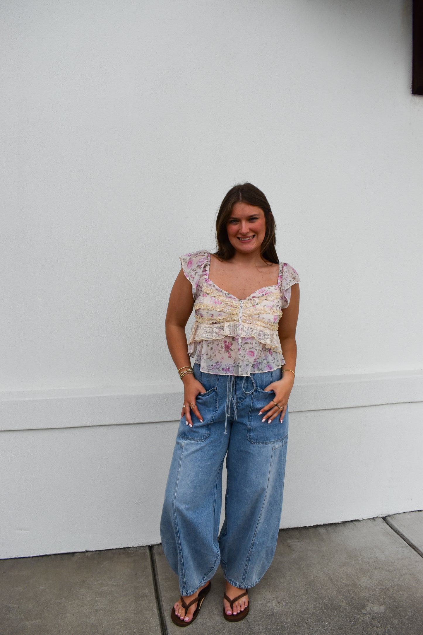 Floral Print Ruffle Lace Sweetheart Top