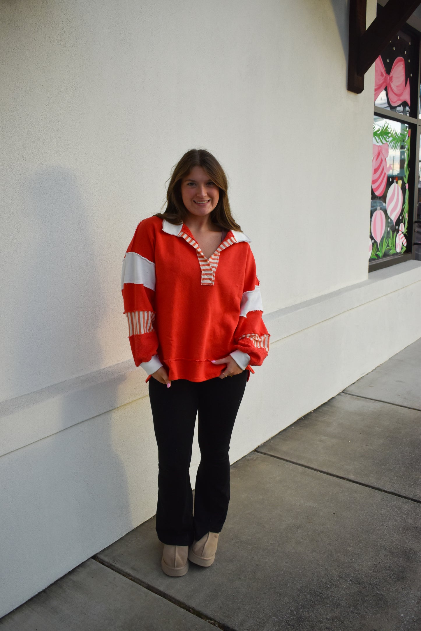 Terry Knit Collared Top: Red/Cream