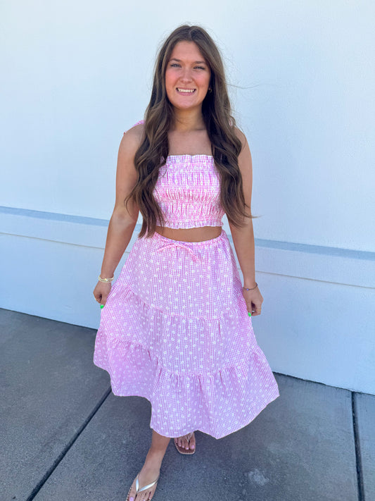 Flower Embroidered Gingham Set