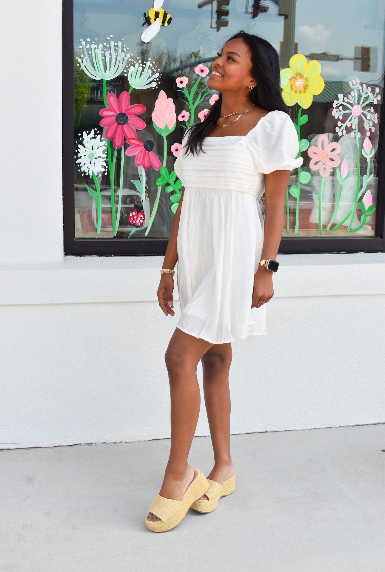 Pleated Puff Sleeve Mini Dress