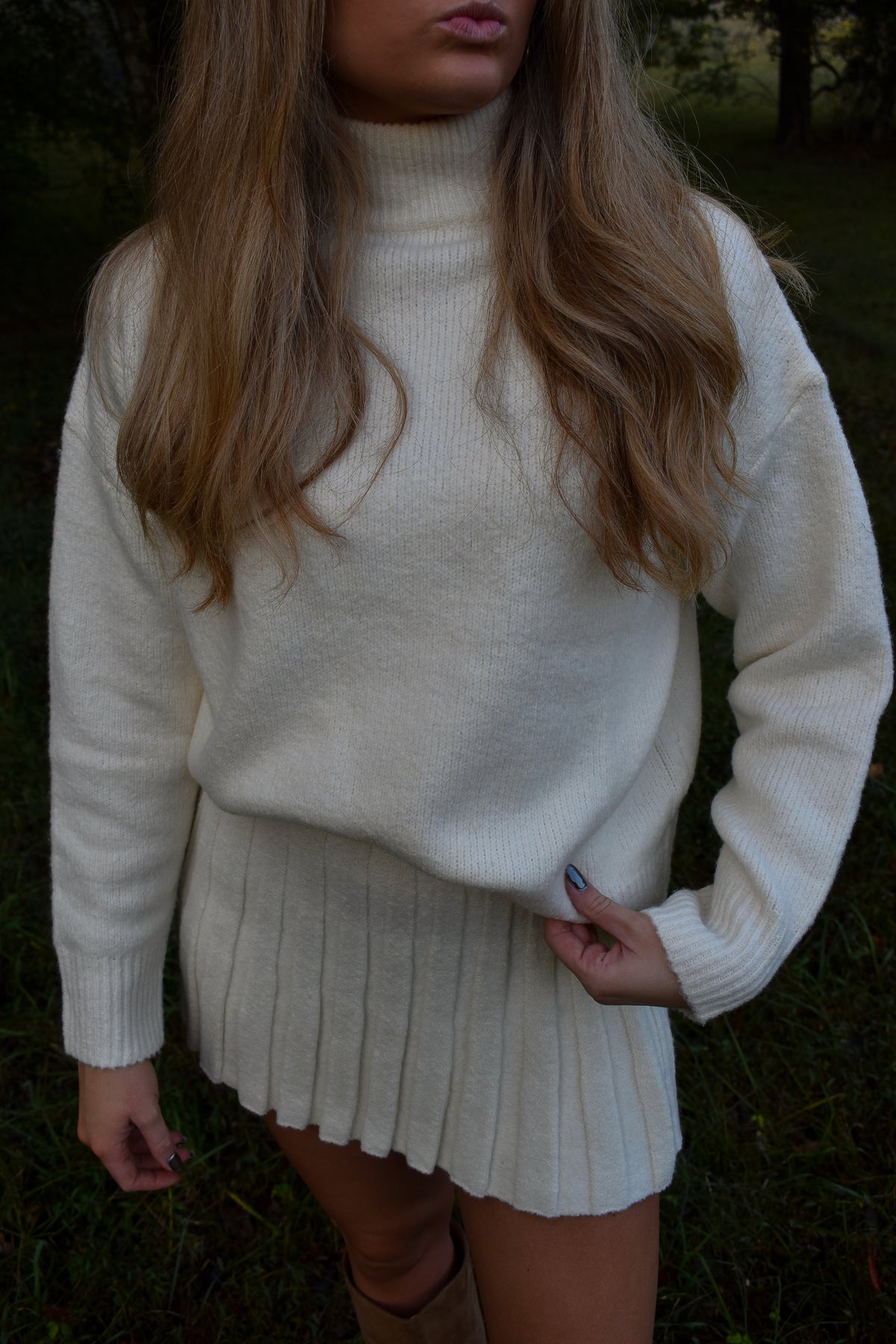 Turtleneck Pullover Sweater & Pleated Skirt Set