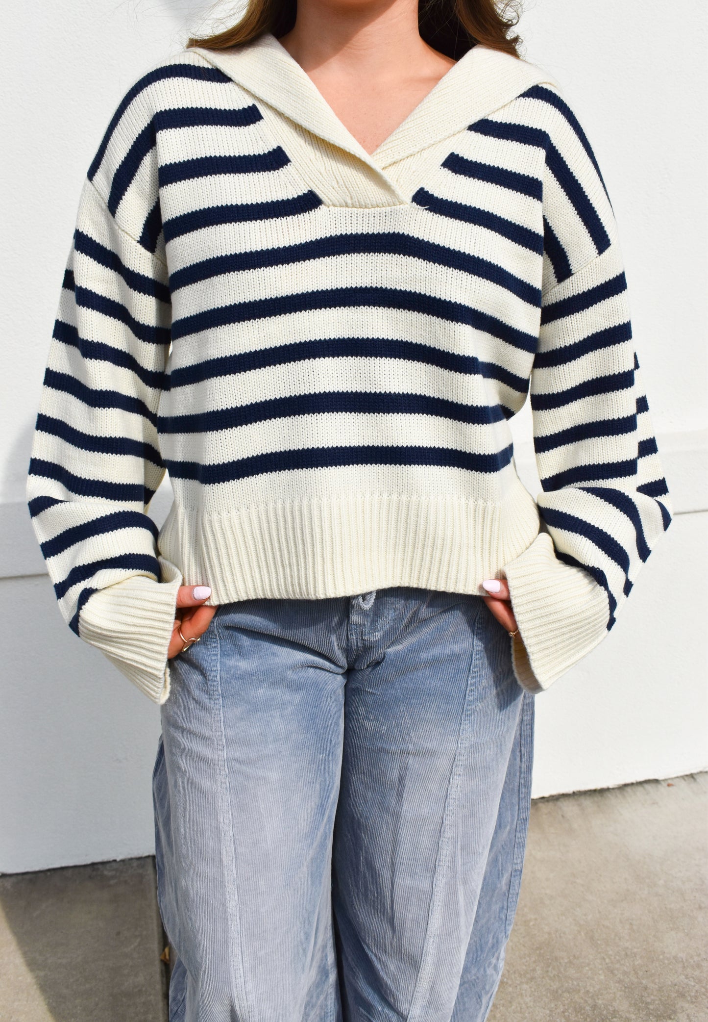 Cream/Navy Striped Collared Knit Sweater