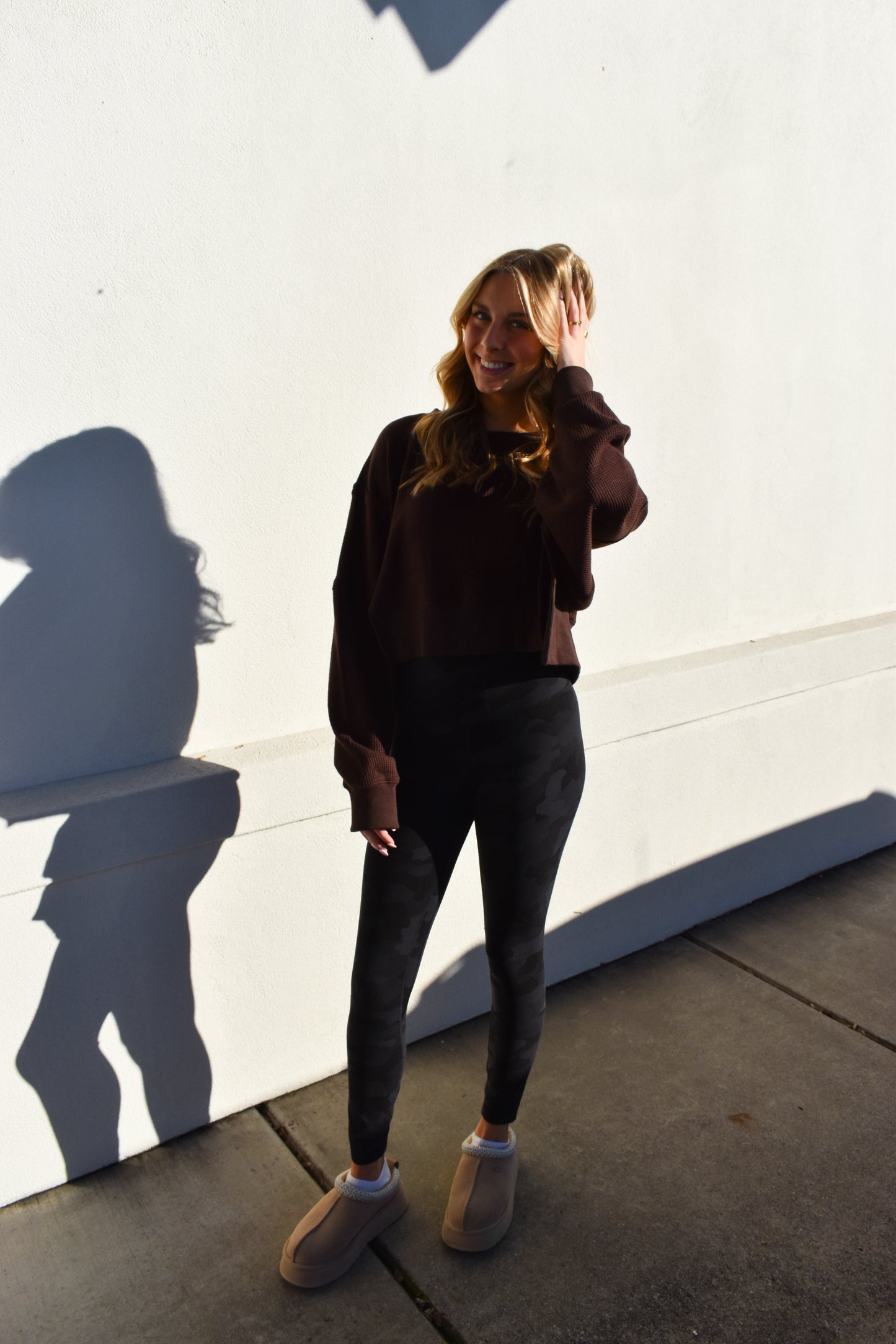 Waffle Knit Oversized Long Sleeve Top: Brown