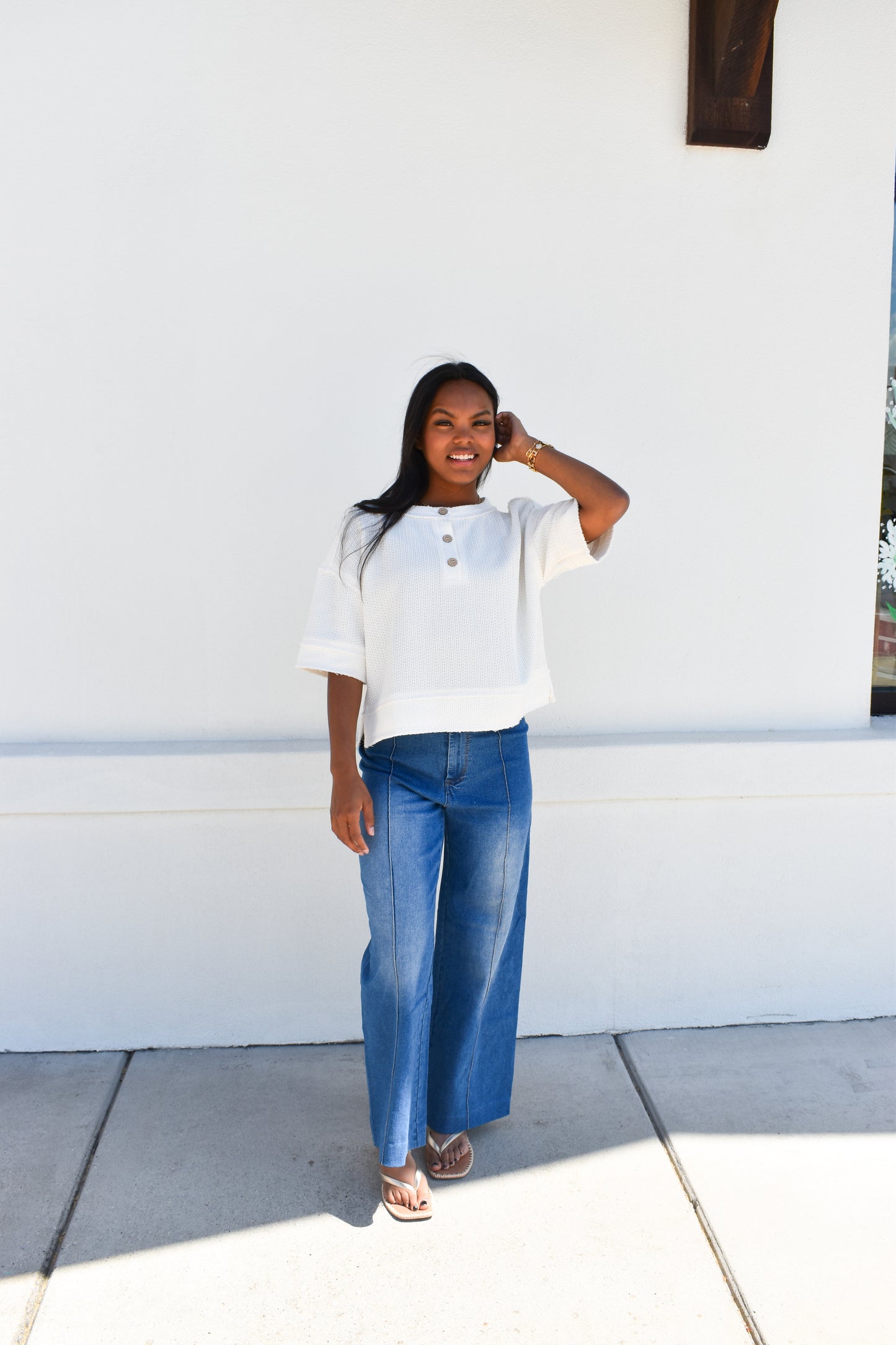 Henley Short Sleeve Waffle Knit Top