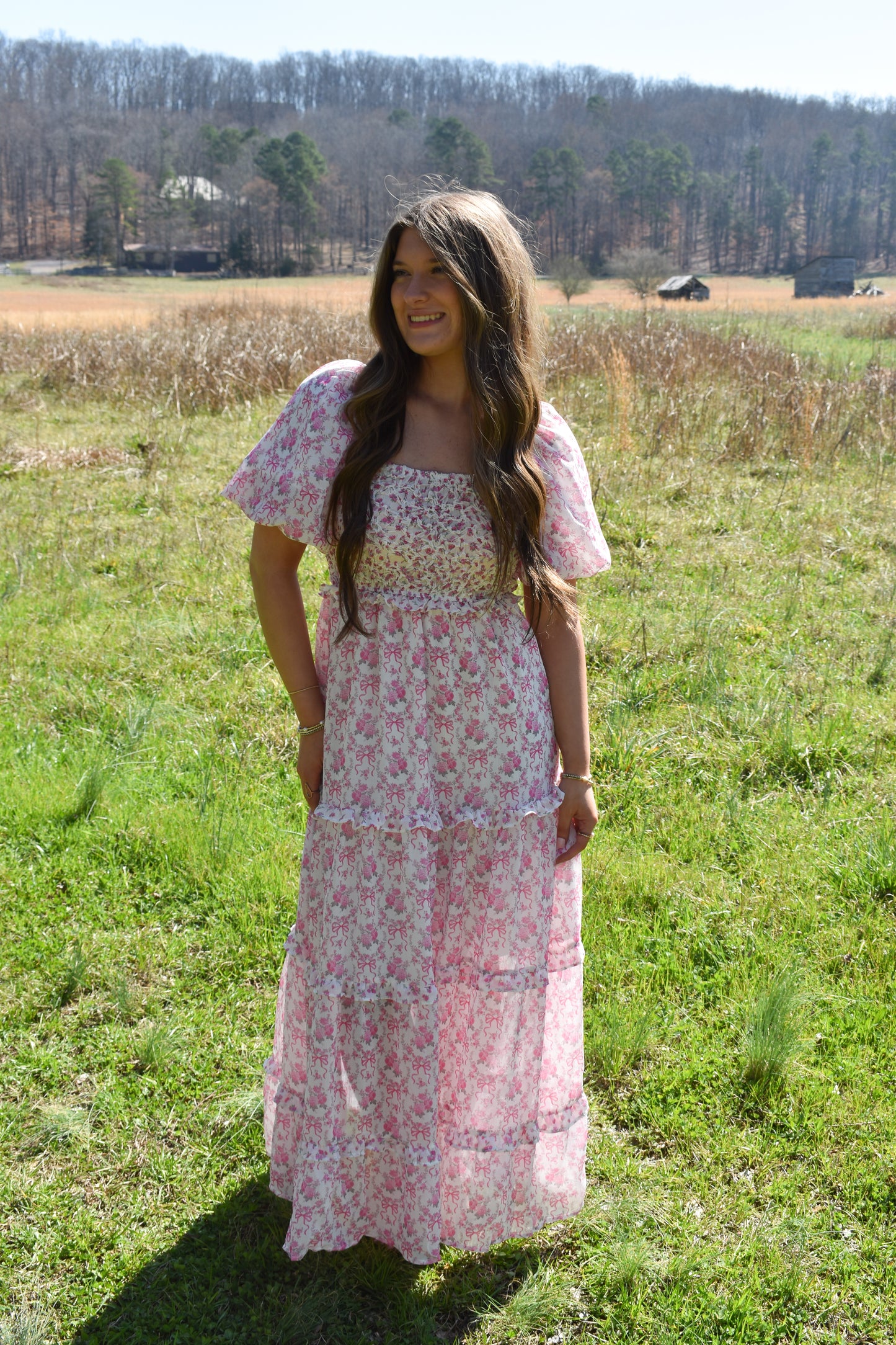 Bubble Floral Bow Maxi Dress
