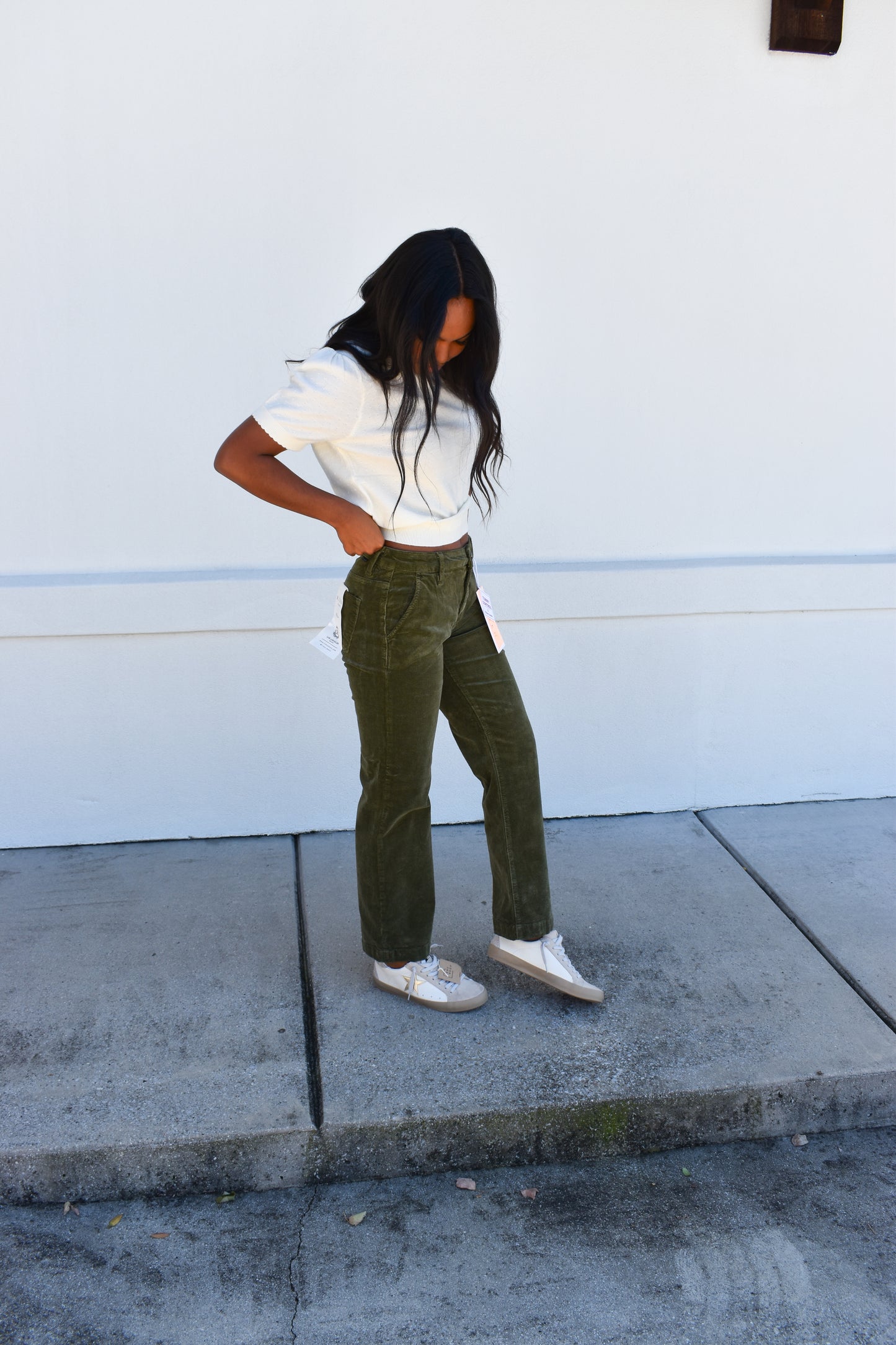 Tummy Control Mid Rise Ankle Straight Corduroy: Green