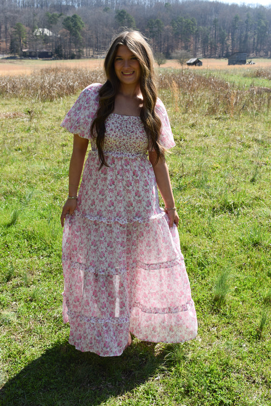 Bubble Floral Bow Maxi Dress