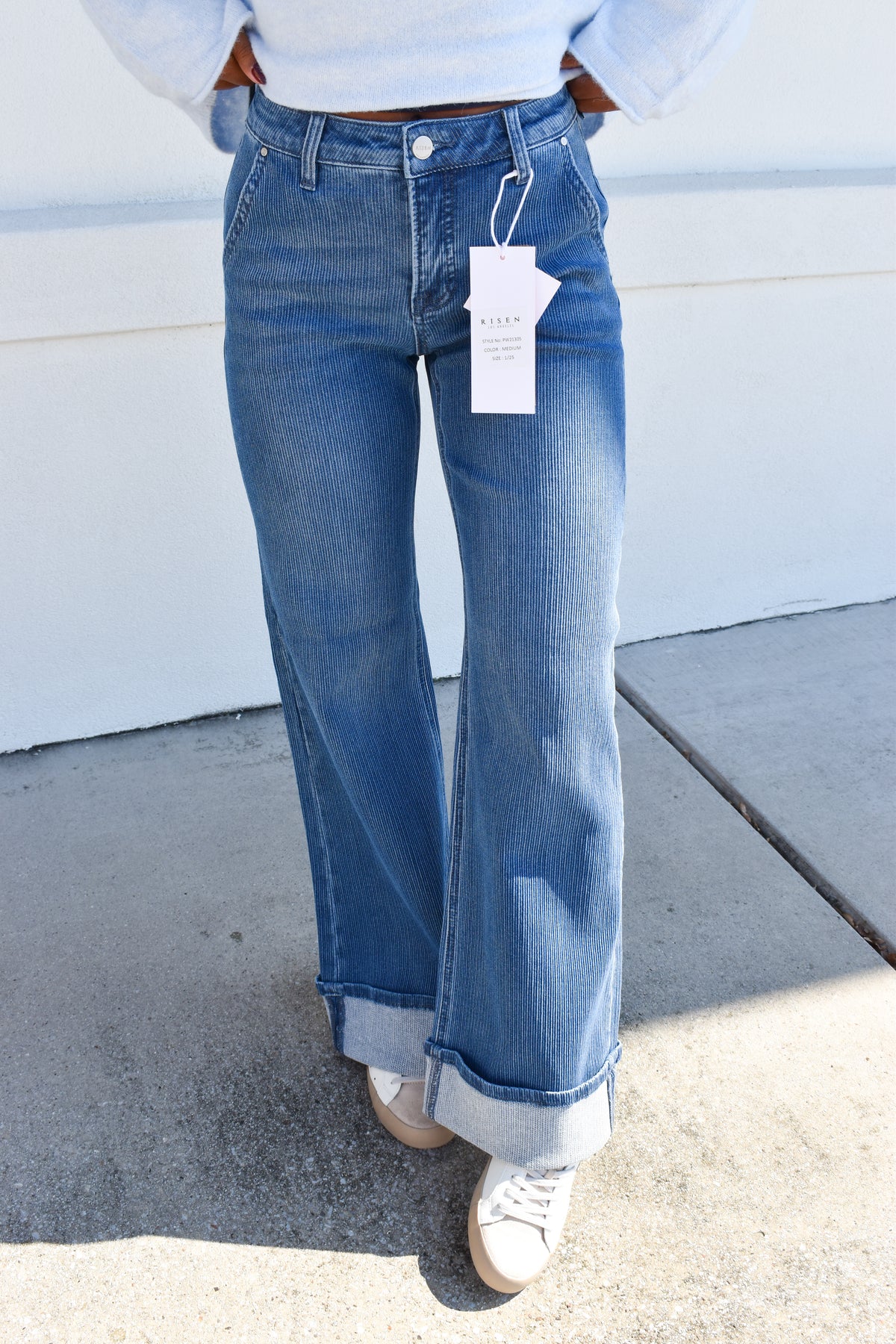 Risen Mid Rise Wide Leg Cuffed Jeans