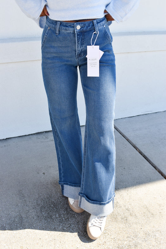 Risen Mid Rise Wide Leg Cuffed Jeans