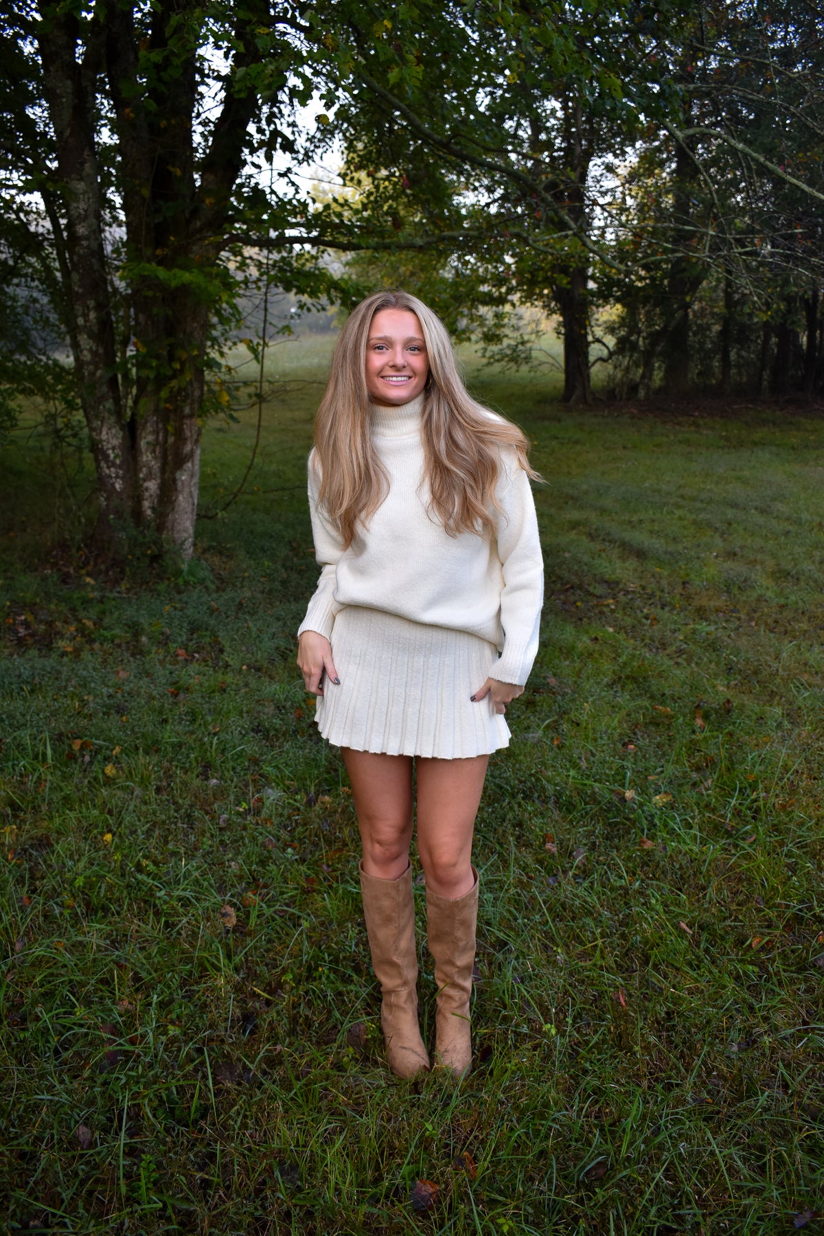 Turtleneck Pullover Sweater & Pleated Skirt Set