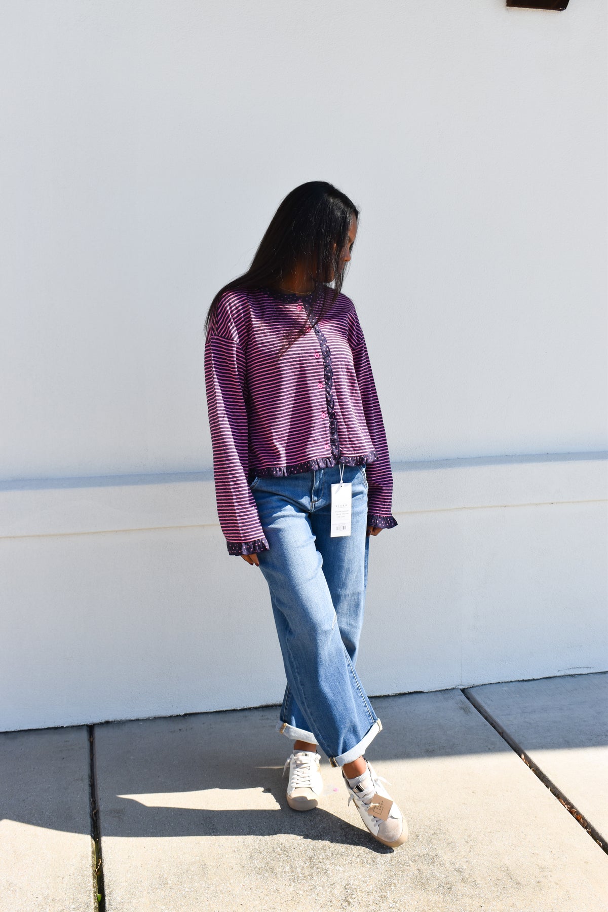 Polka Dot Trim Stripe Button-Up Cardigan