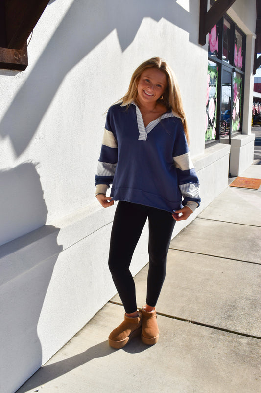 Terry Knit Collared Top: Navy/Cream