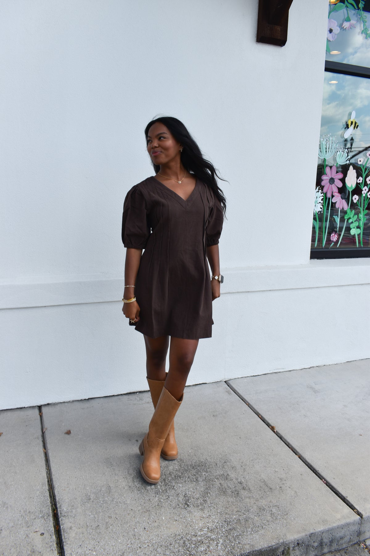 Puff Sleeve V Neck Mini Dress