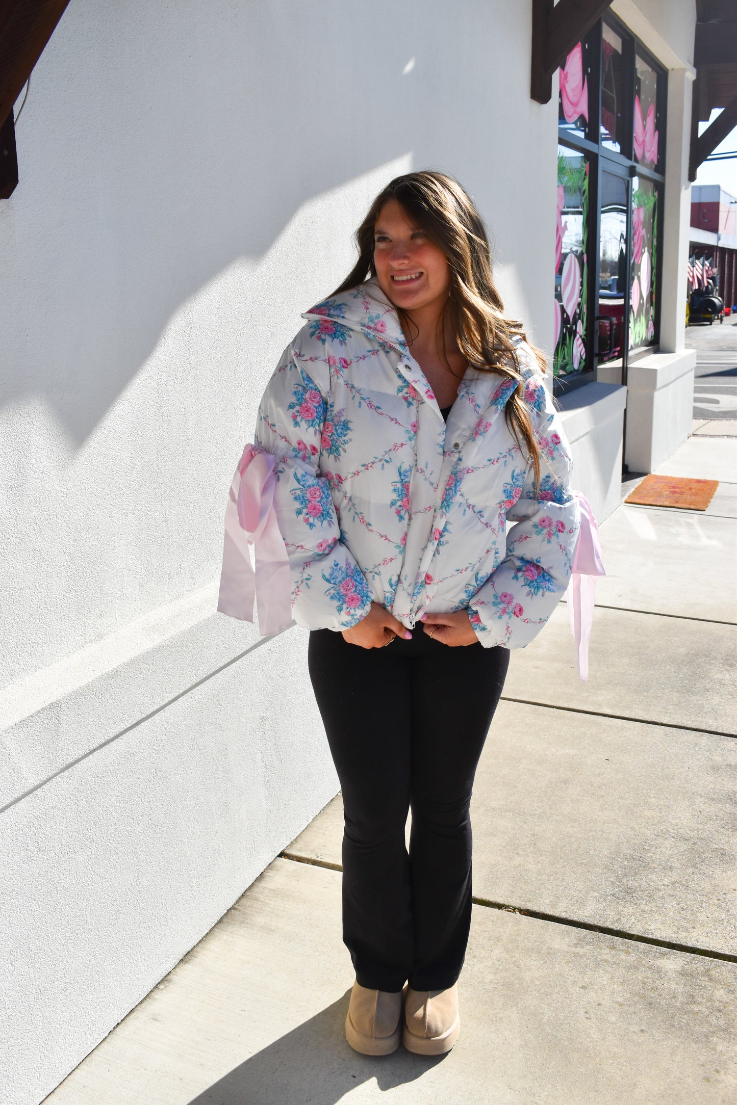 Floral Print Bow Knot Puffer Jacket