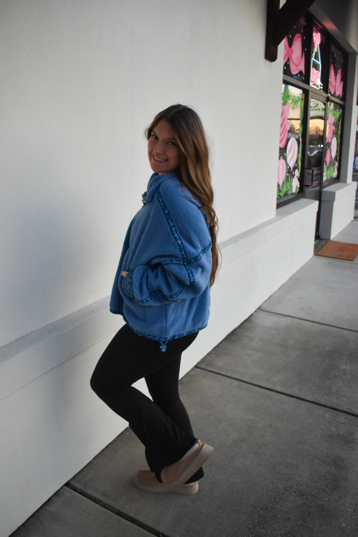 Floral Piping Detail Sherpa Jacket