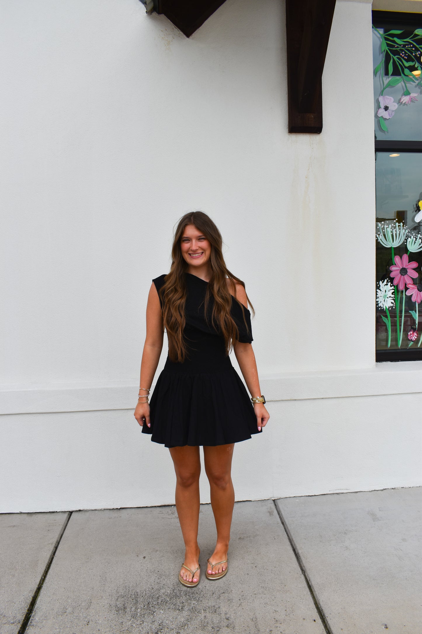 Off Shoulder Smocked Waist Dress: Black