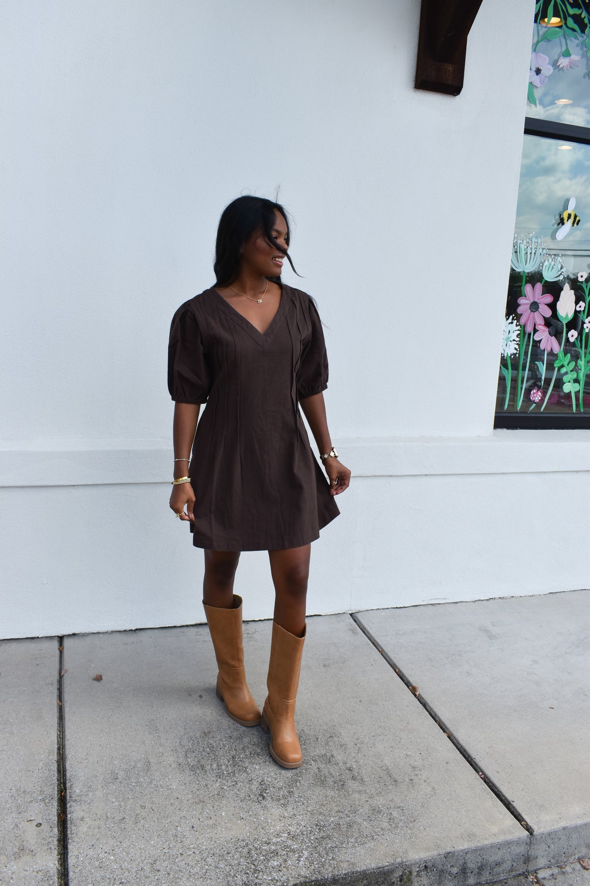 Puff Sleeve V Neck Mini Dress